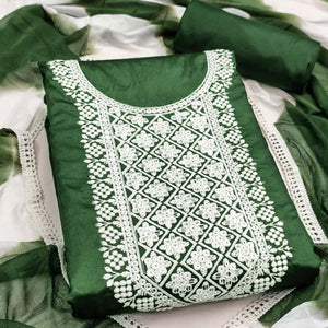 Designer Green Pure Cotton Dress Material Showcasing Floral Thread Embroidery & Luxe Sequins Work