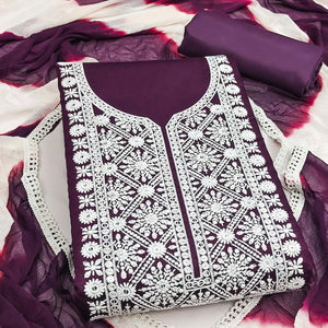 Designer Wine Pure Cotton Dress Material Showcasing Floral Thread Embroidery & Luxe Sequins Work