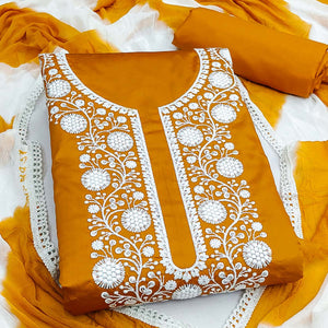Designer Mustard Pure Cotton Dress Material Showcasing Floral Thread Embroidery & Luxe Sequins Work
