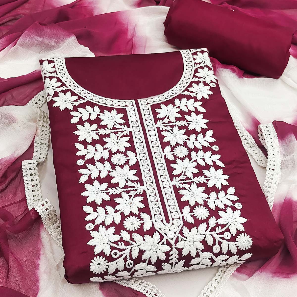 Designer Maroon Pure Cotton Dress Material Showcasing Floral Thread Embroidery & Luxe Sequins Work