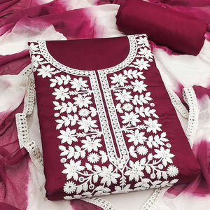 Designer Maroon Pure Cotton Dress Material Showcasing Floral Thread Embroidery & Luxe Sequins Work