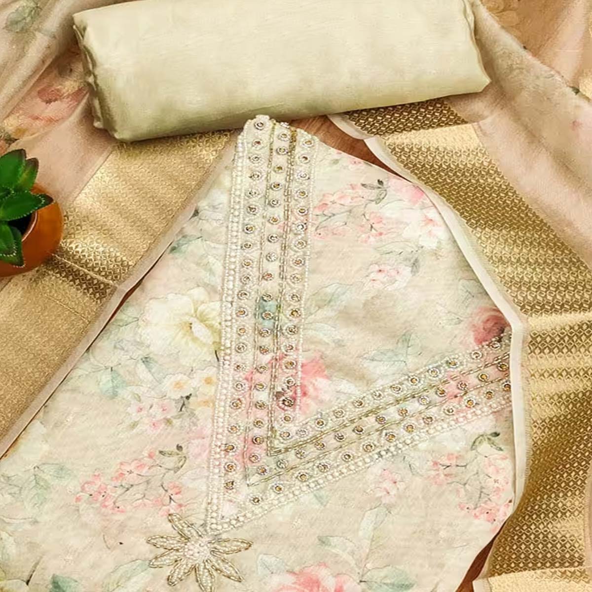 Charming Chikoo Floral Digital Printed Chanderi Silk Dress Material Adorned With Moti Khatli Work