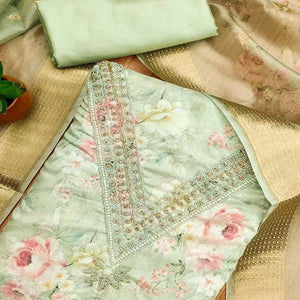 Charming Green Floral Digital Printed Chanderi Silk Dress Material Adorned With Moti Khatli Work