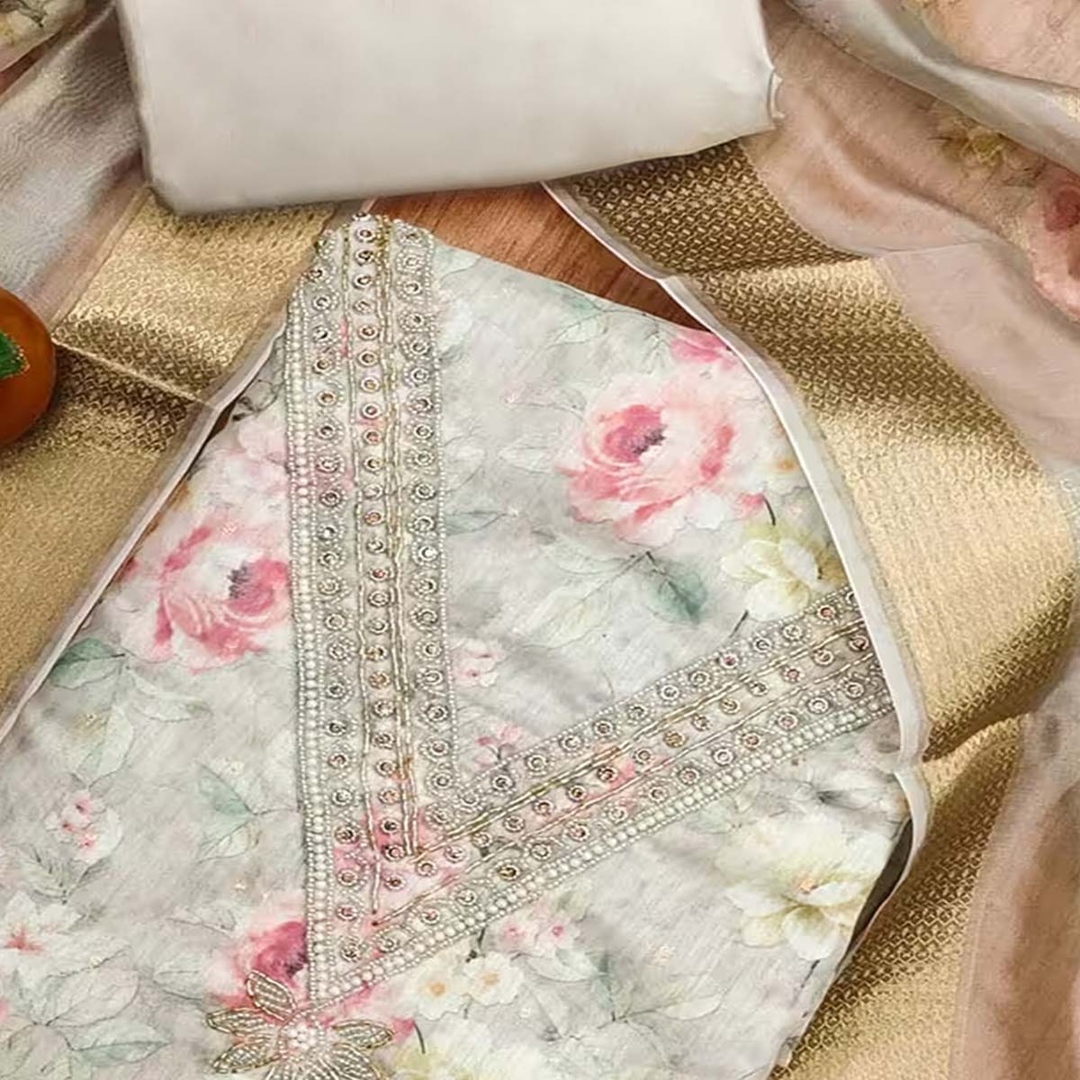 Charming Grey Floral Digital Printed Chanderi Silk Dress Material Adorned With Moti Khatli Work