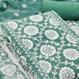 Classic Dark Mint Green Floral Thread Embroidered Georgette Dress Material With Timeless Appeal
