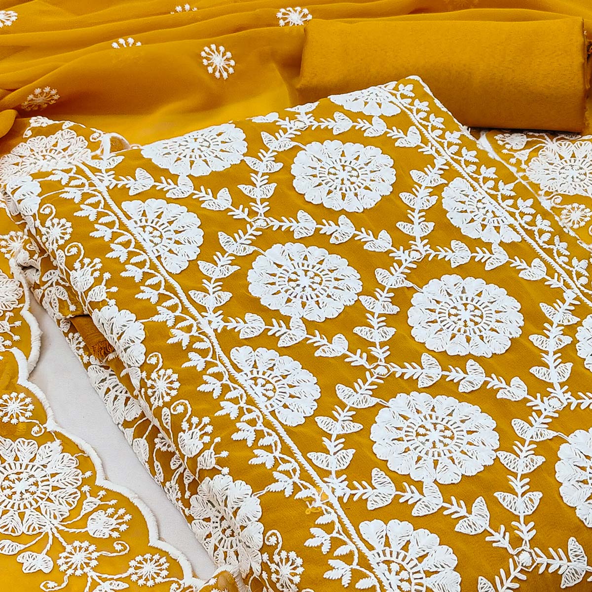 Classic Mustard Floral Thread Embroidered Georgette Dress Material With Timeless Appeal