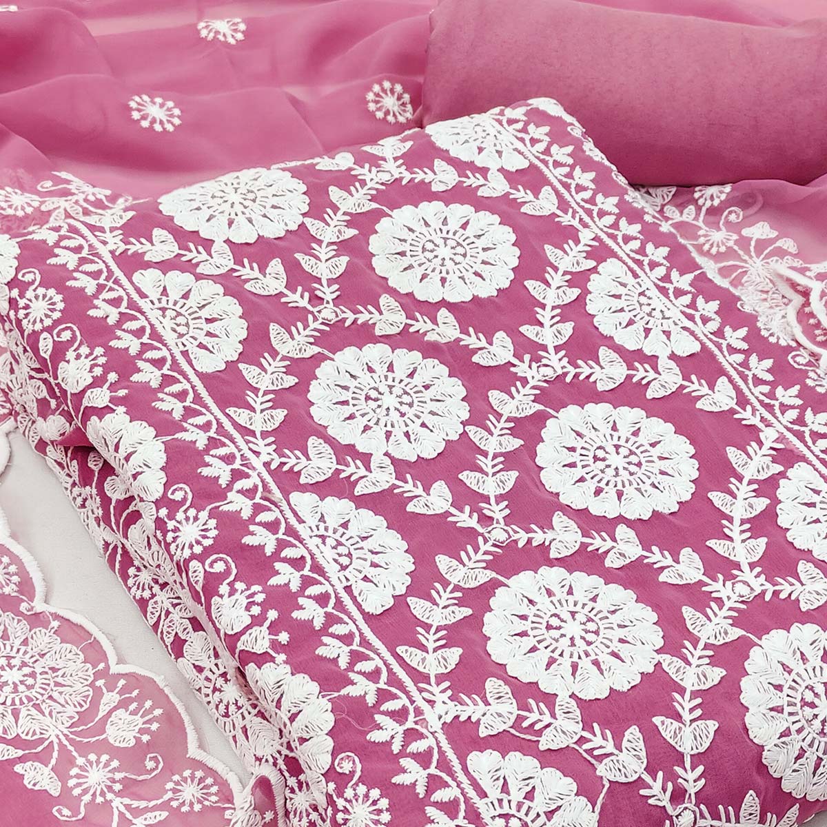 Classic Pink Floral Thread Embroidered Georgette Dress Material With Timeless Appeal