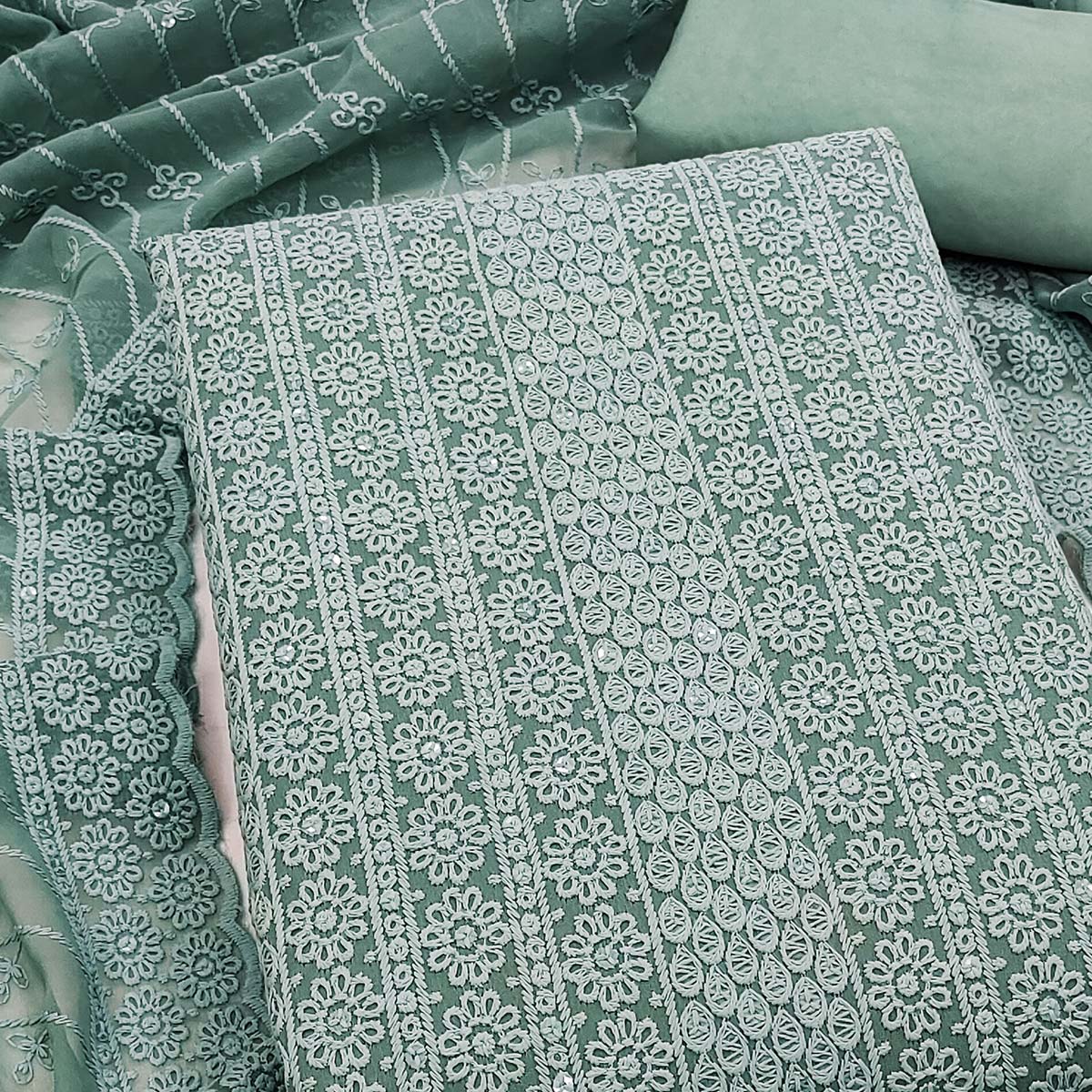 Elegant Grey Floral Thread Embroidered With Sequins Work Georgette Dress Material