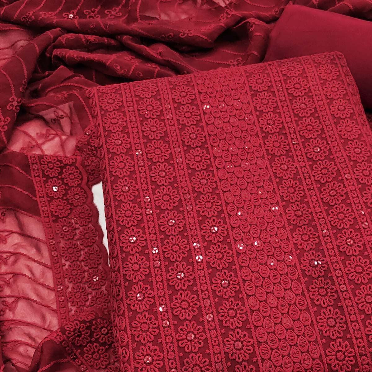 Elegant Maroon Floral Thread Embroidered With Sequins Work Georgette Dress Material