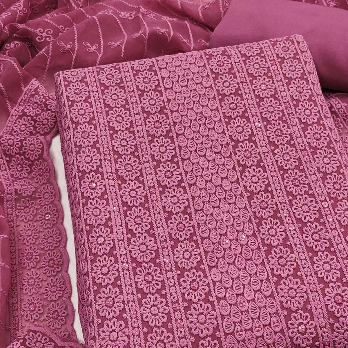 Elegant Mauve Floral Thread Embroidered With Sequins Work Georgette Dress Material