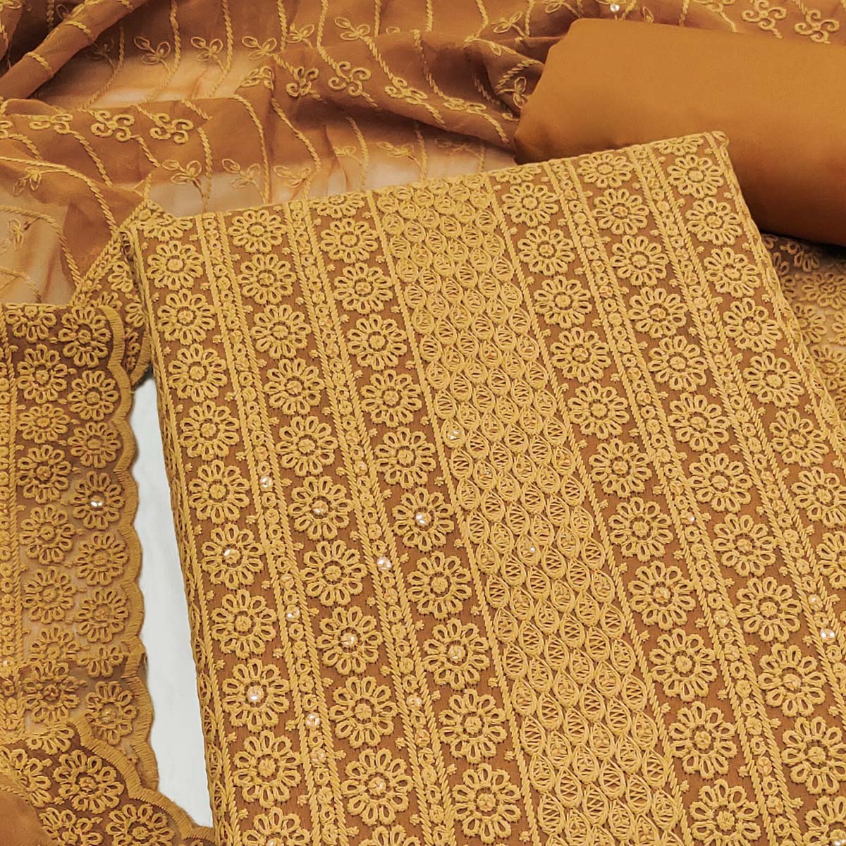 Elegant Mustard Floral Thread Embroidered With Sequins Work Georgette Dress Material