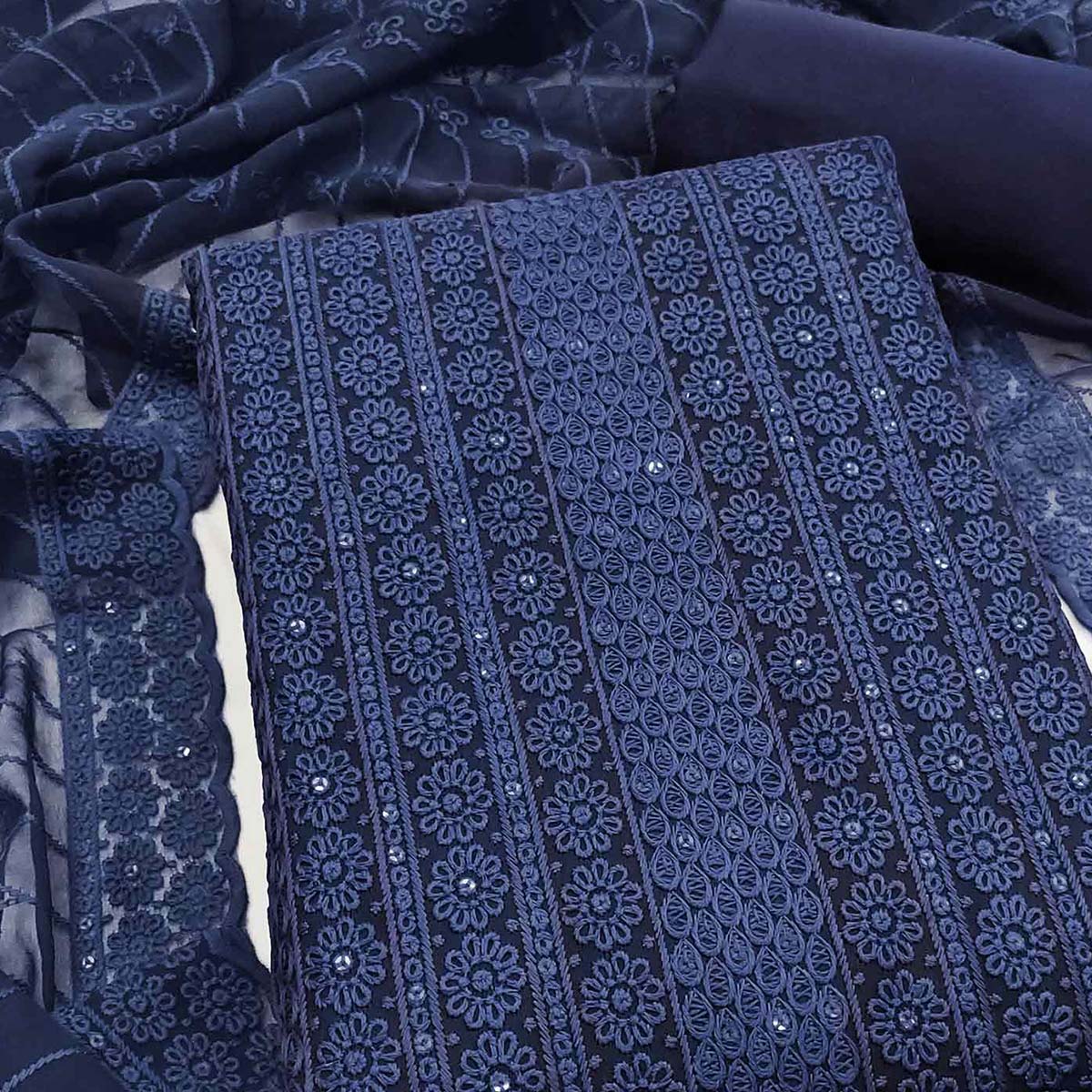 Elegant Navy Blue Floral Thread Embroidered With Sequins Work Georgette Dress Material