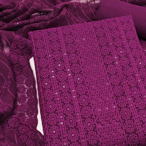 Elegant Wine Floral Thread Embroidered With Sequins Work Georgette Dress Material