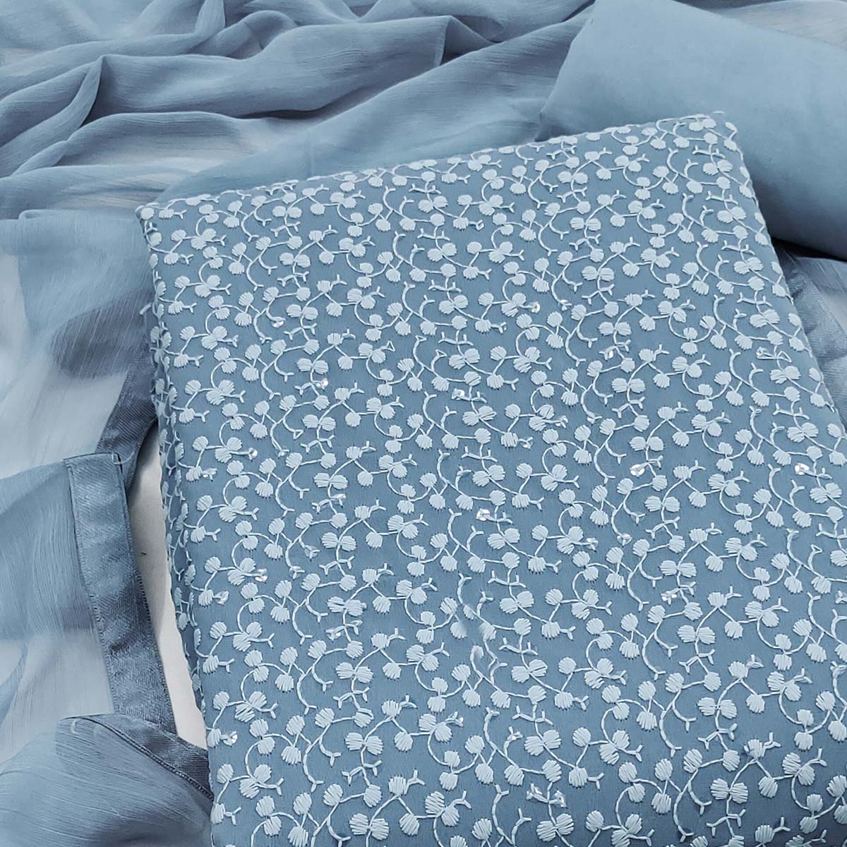 Stylish Grey Thread Embroidered With Sequins Work Georgette Dress Material For Ethnic Styling