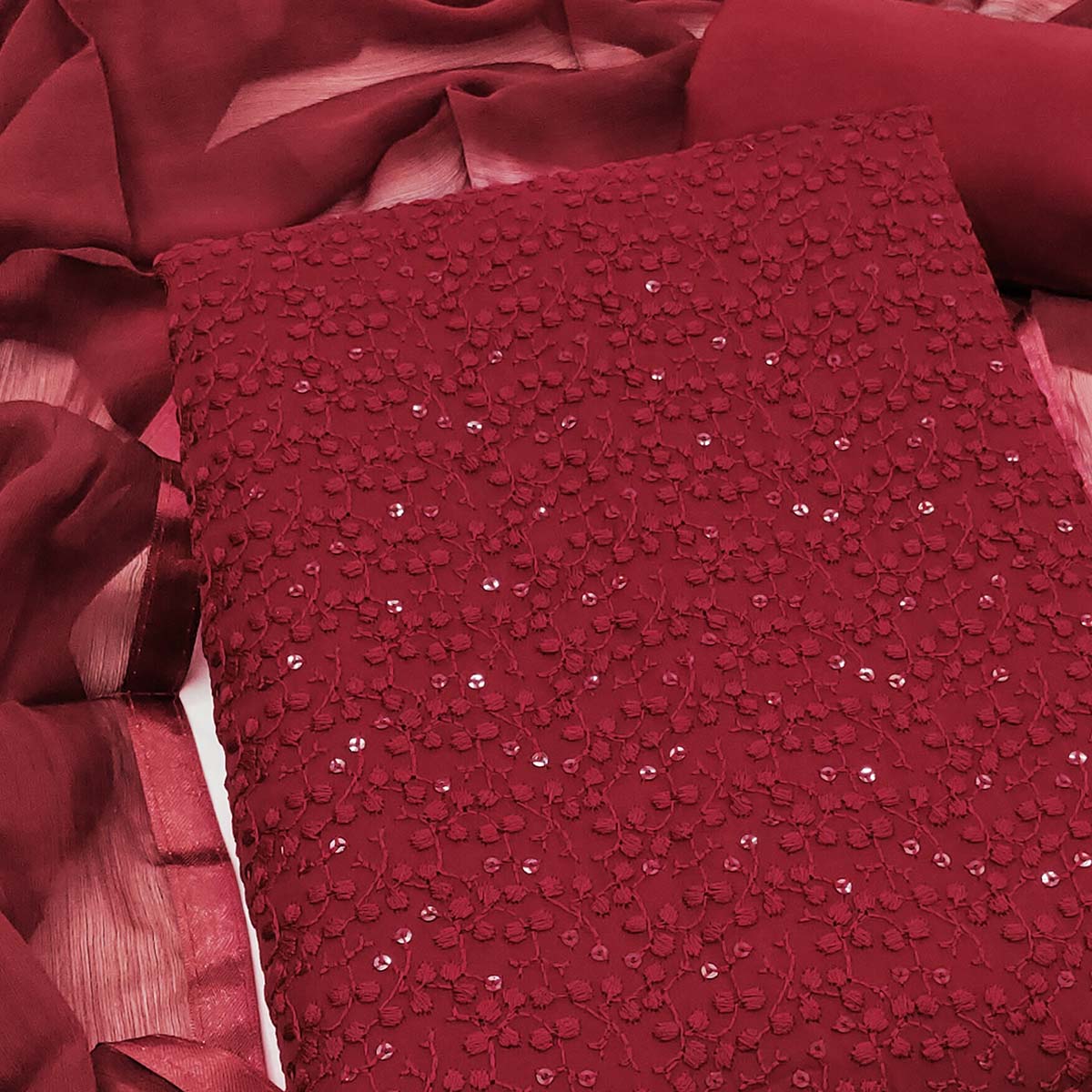Stylish Maroon Thread Embroidered With Sequins Work Georgette Dress Material For Ethnic Styling