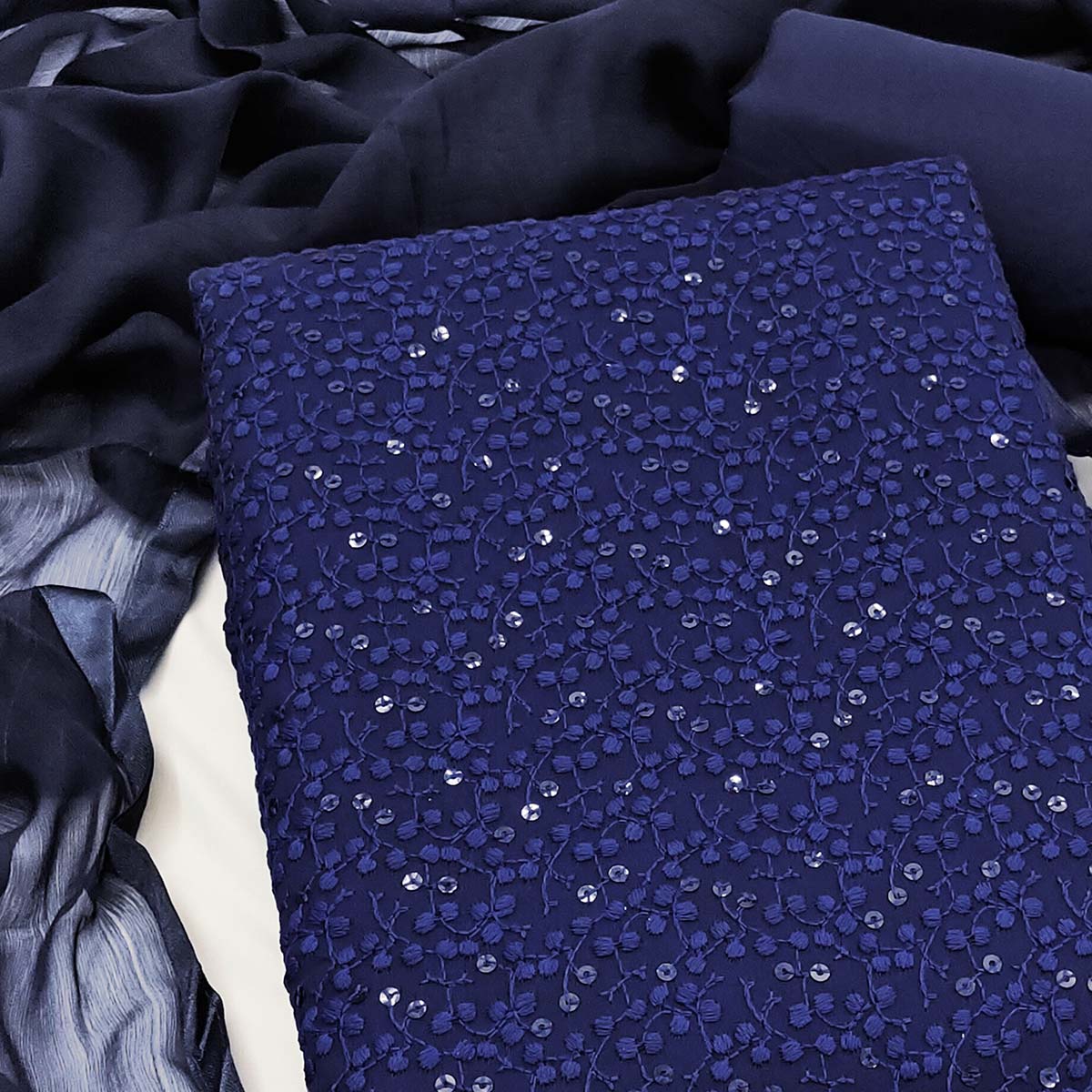 Stylish Navy Blue Thread Embroidered With Sequins Work Georgette Dress Material For Ethnic Styling