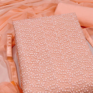 Stylish Peach Thread Embroidered With Sequins Work Georgette Dress Material For Ethnic Styling
