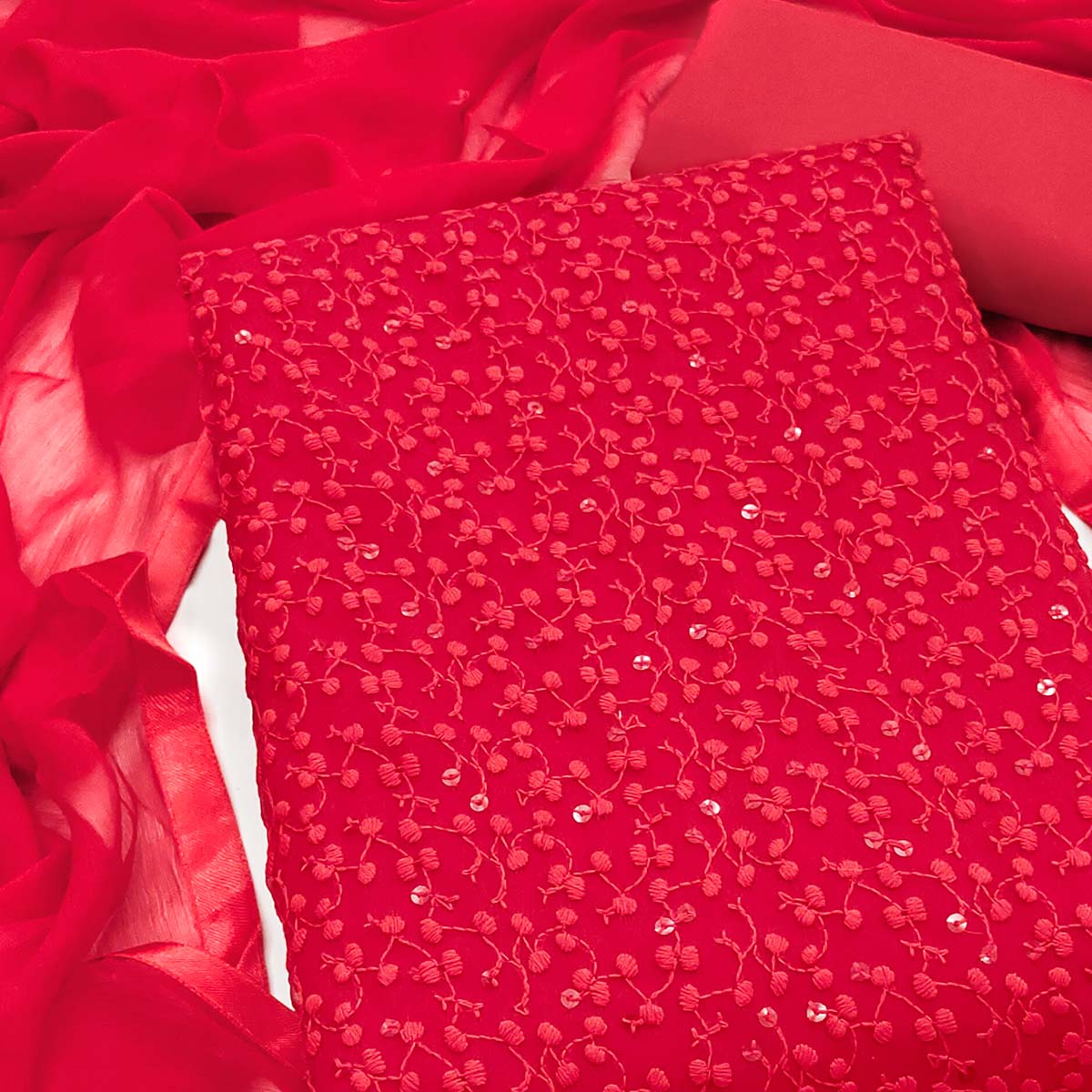 Stylish Red Thread Embroidered With Sequins Work Georgette Dress Material For Ethnic Styling