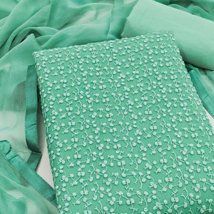 Stylish Sea Green Thread Embroidered With Sequins Work Georgette Dress Material For Ethnic Styling