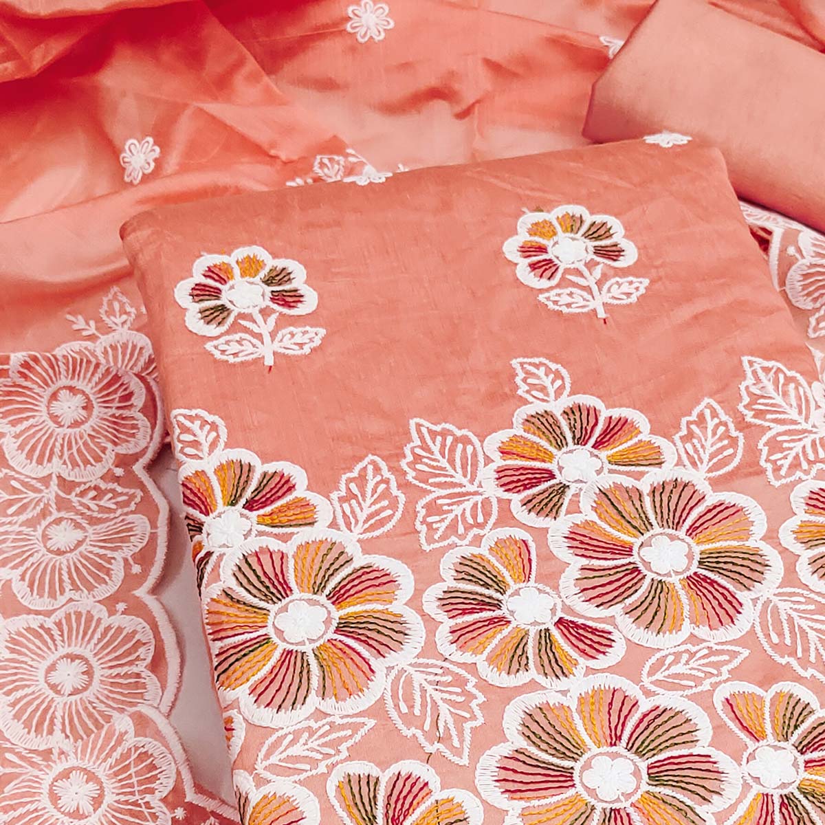 Elegant Peach Floral Thread Embroidered Chanderi Silk Dress Material