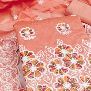 Elegant Peach Floral Thread Embroidered Chanderi Silk Dress Material
