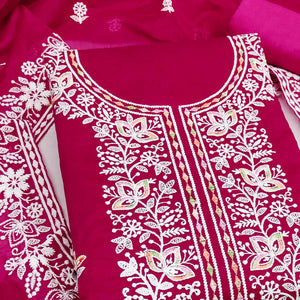 Graceful Rani Pink Floral Thread Embroidery Chanderi Silk Designer Dress Material