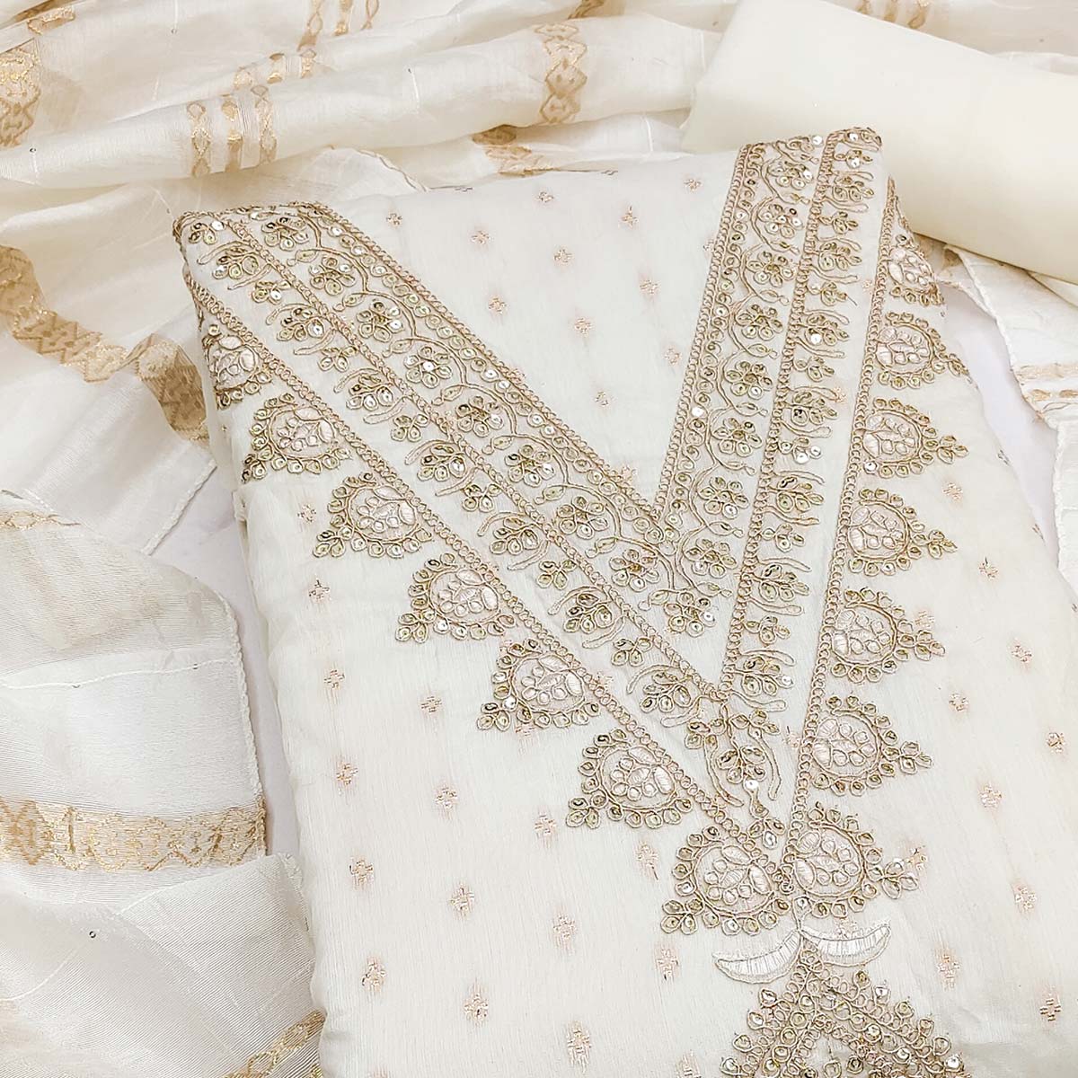 Graceful Cream Butti Motif Chanderi Silk Dress Material Featuring Floral Cording Embroidery Work