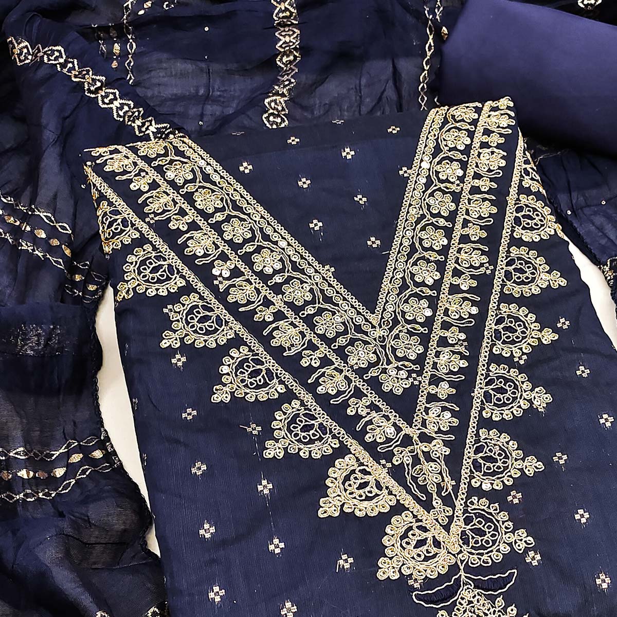 Graceful Navy Blue Butti Motif Chanderi Silk Dress Material Featuring Floral Cording Embroidery Work