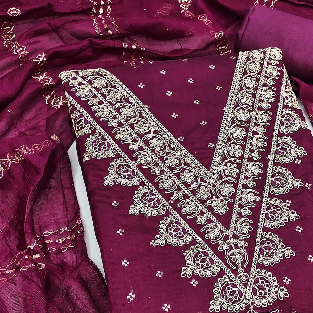 Graceful Wine Butti Motif Chanderi Silk Dress Material Featuring Floral Cording Embroidery Work