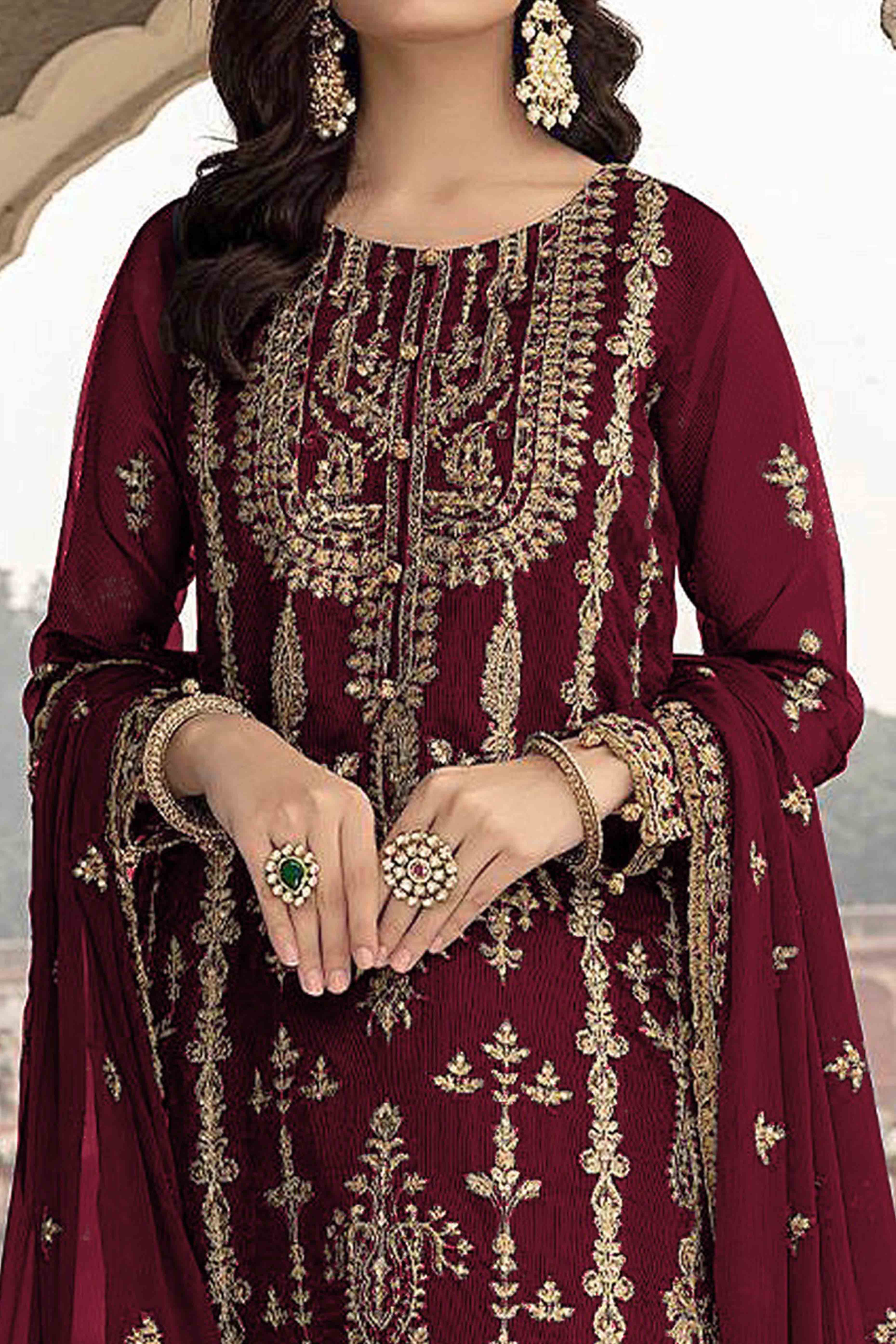 Maroon Floral Sequins Embroidered Georgette Semi Stitched  Suit