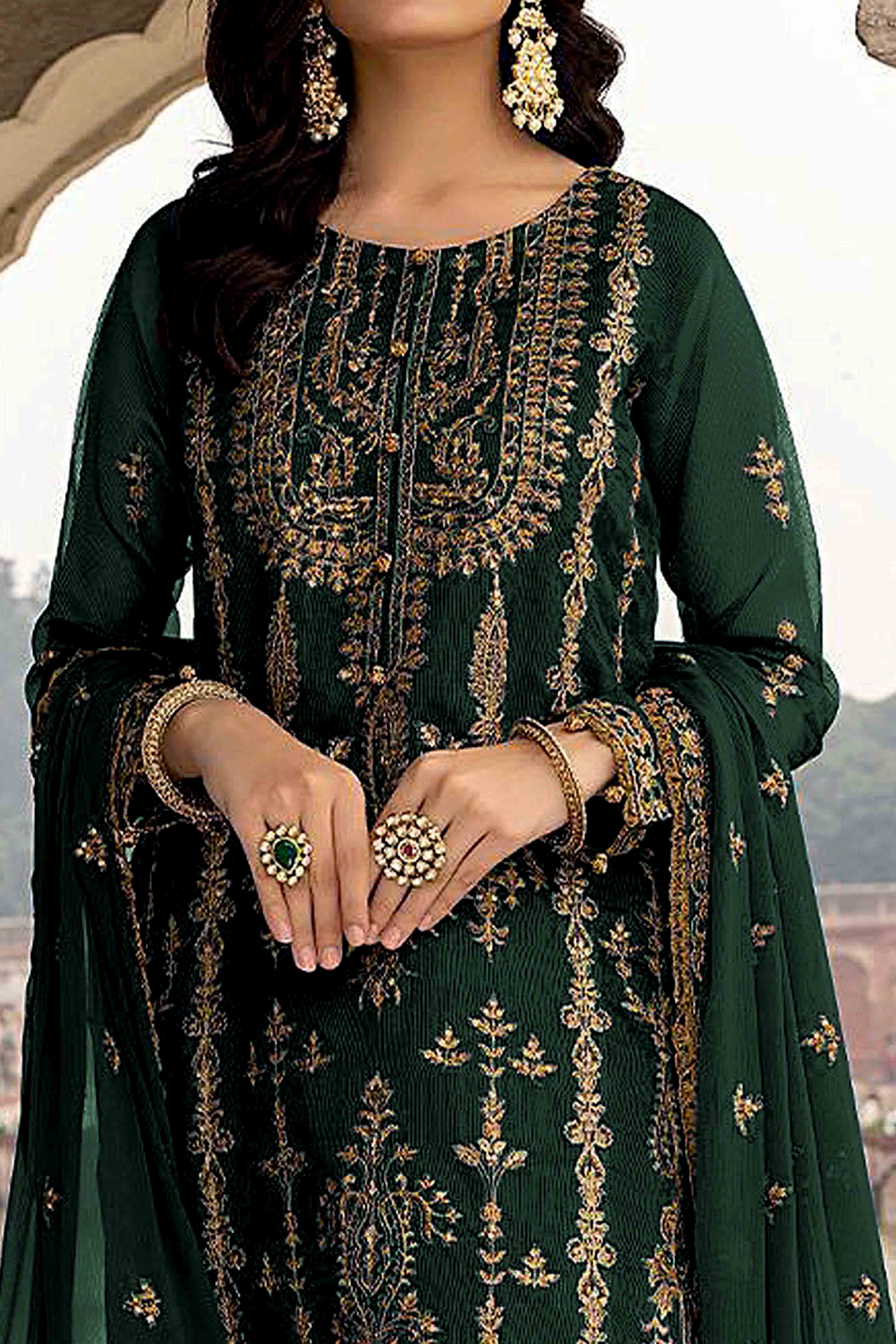 Green Floral Sequins Embroidered Georgette Semi Stitched  Suit