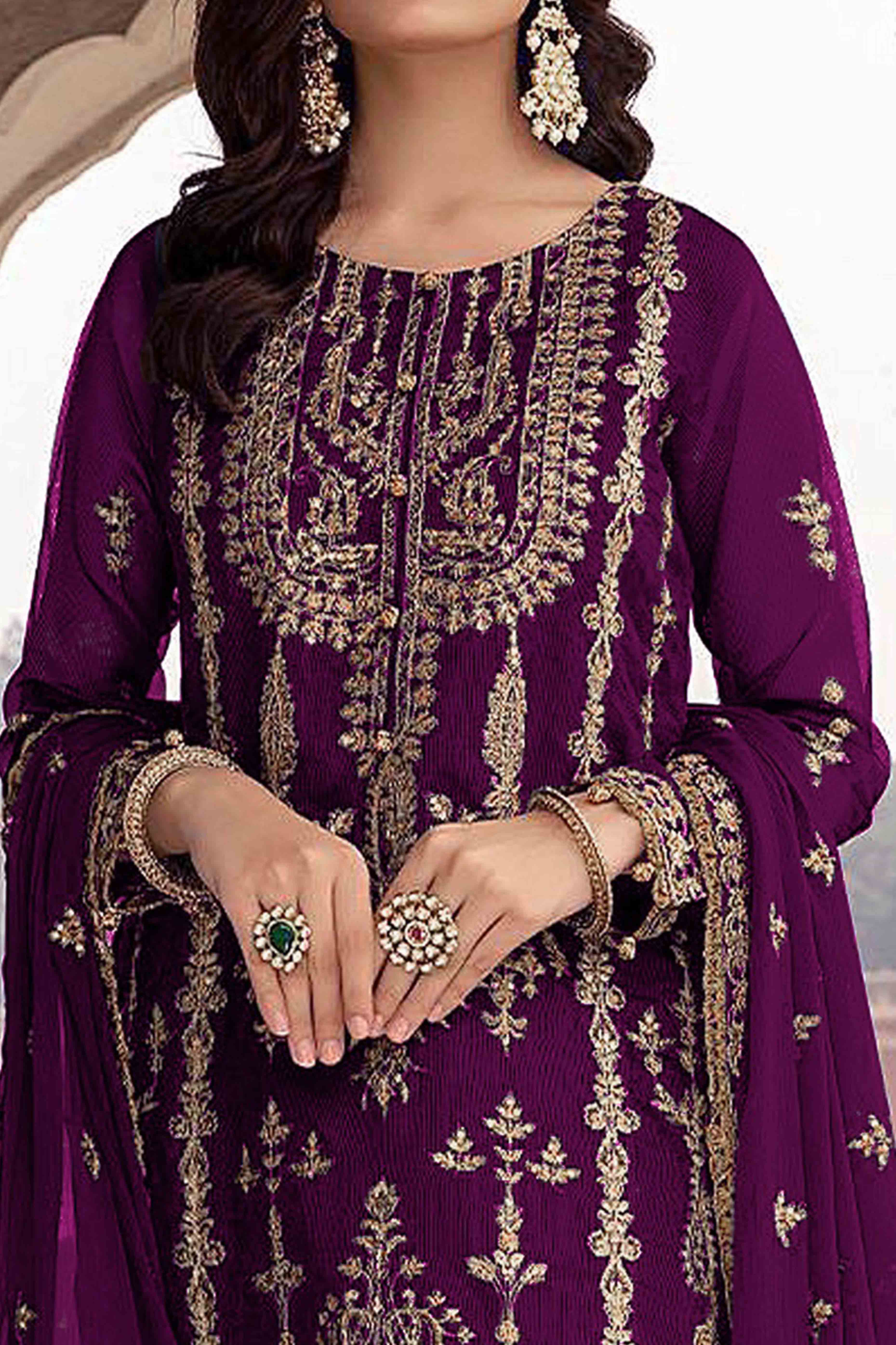 Purple Floral Sequins Embroidered Georgette Semi Stitched  Suit