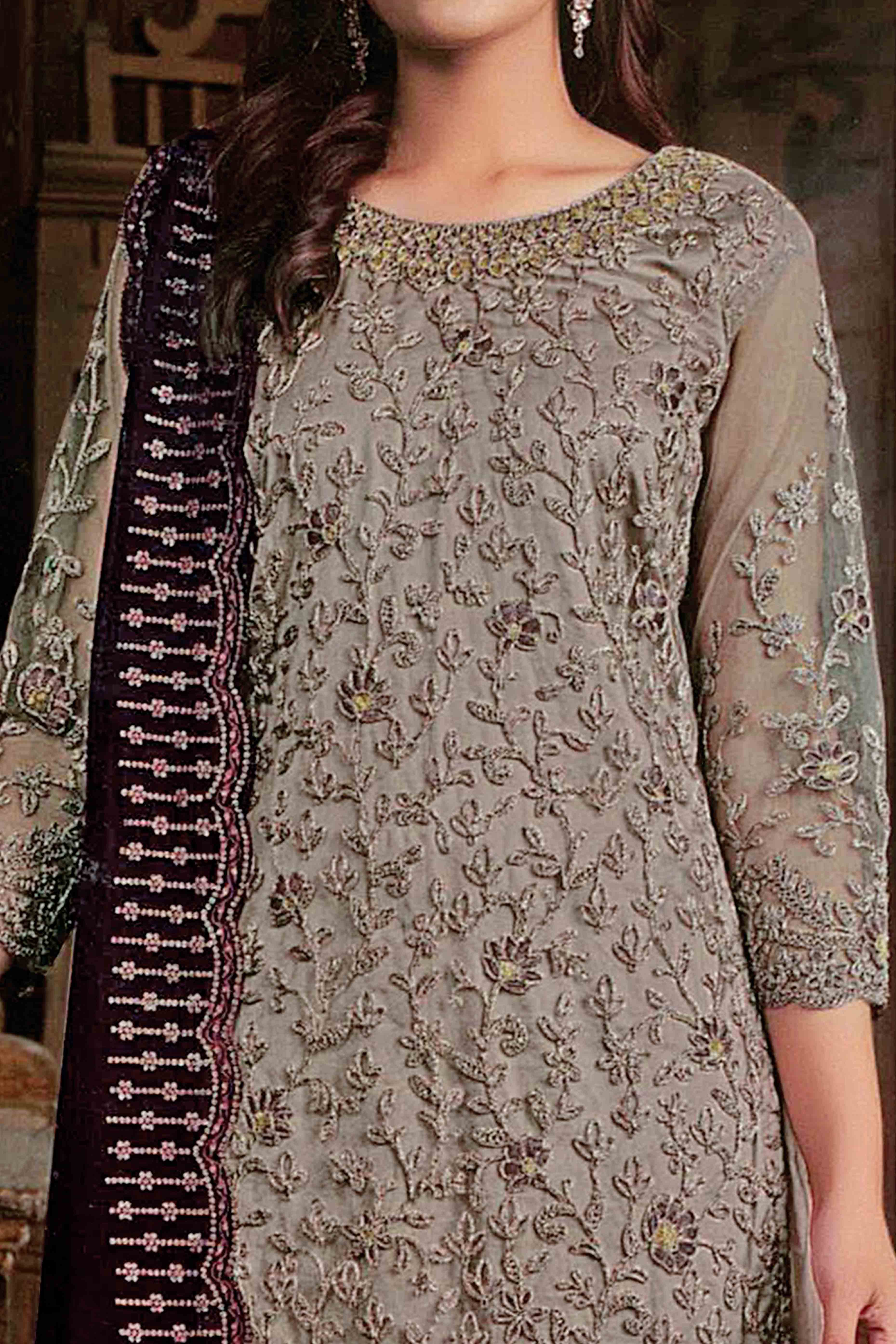 Brown Floral Sequins & Codding Embroidered Net Semi Stitched Suit