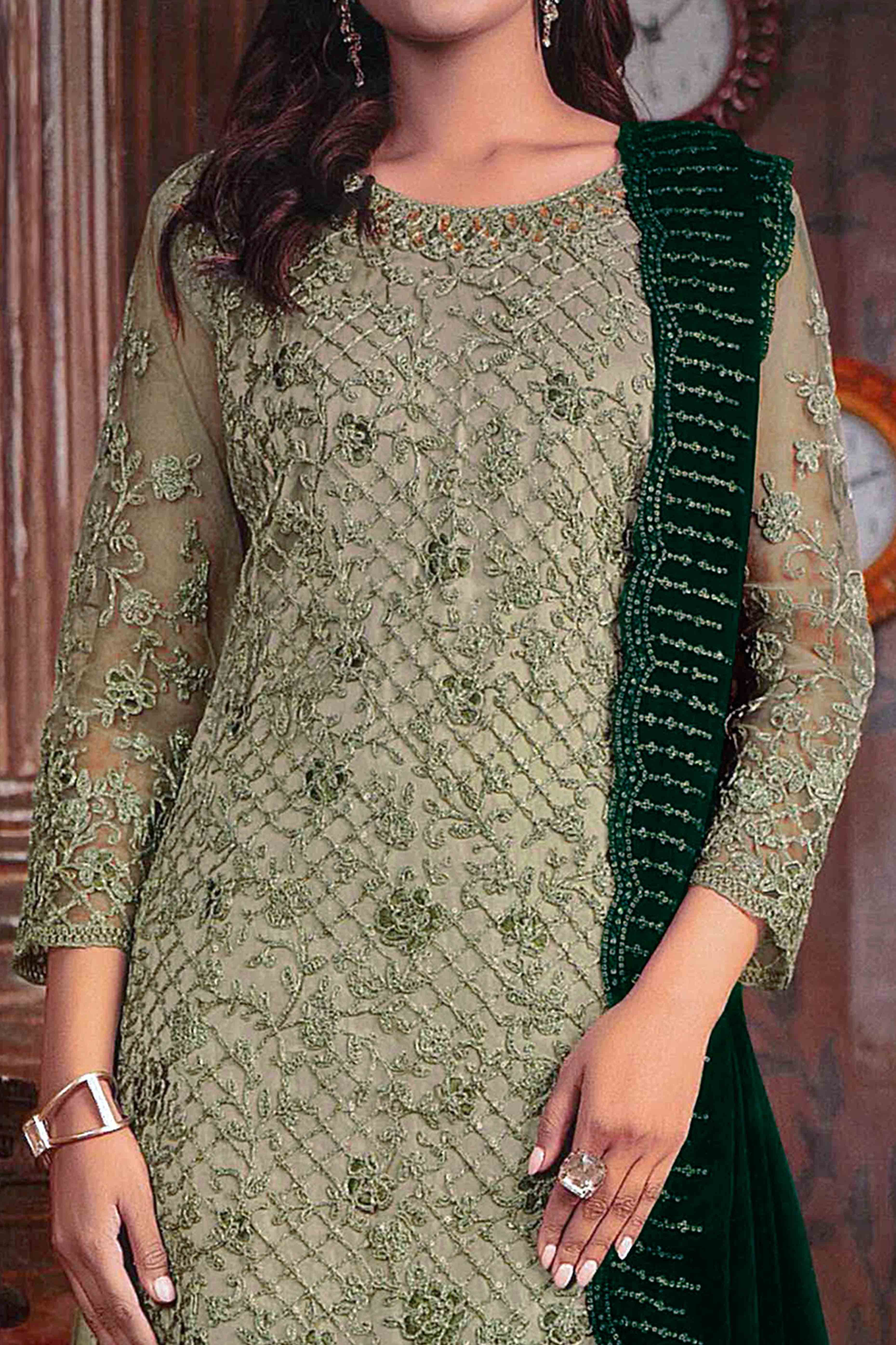 Green Floral Sequins & Codding Embroidered Net Semi Stitched Suit