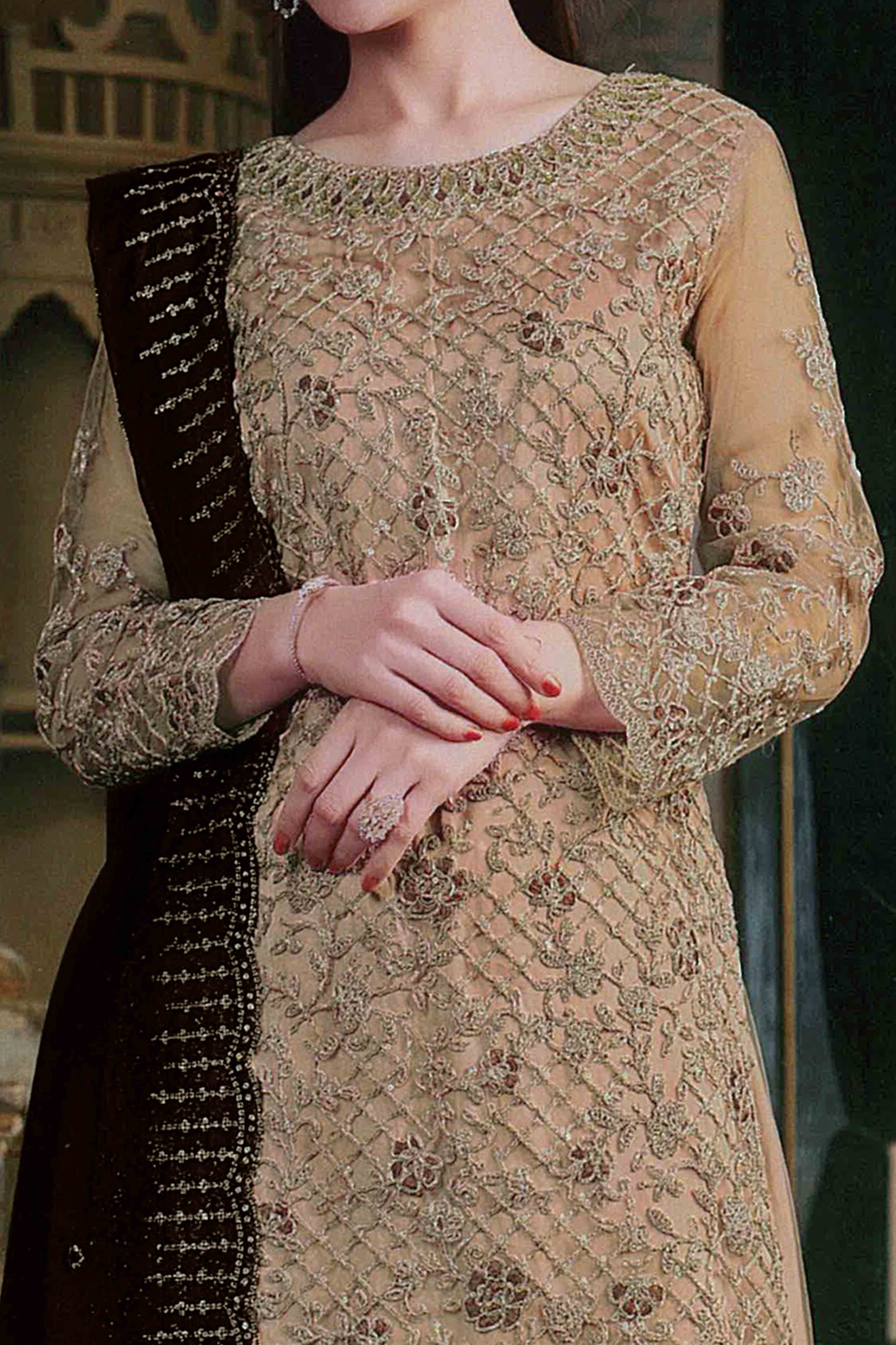 Chikoo Floral Sequins & Codding Embroidered Net Semi Stitched Suit