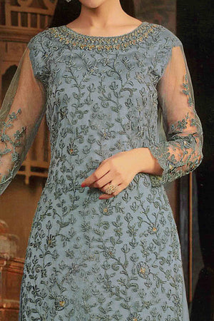 Blue Floral Sequins & Codding Embroidered Net Semi Stitched Suit