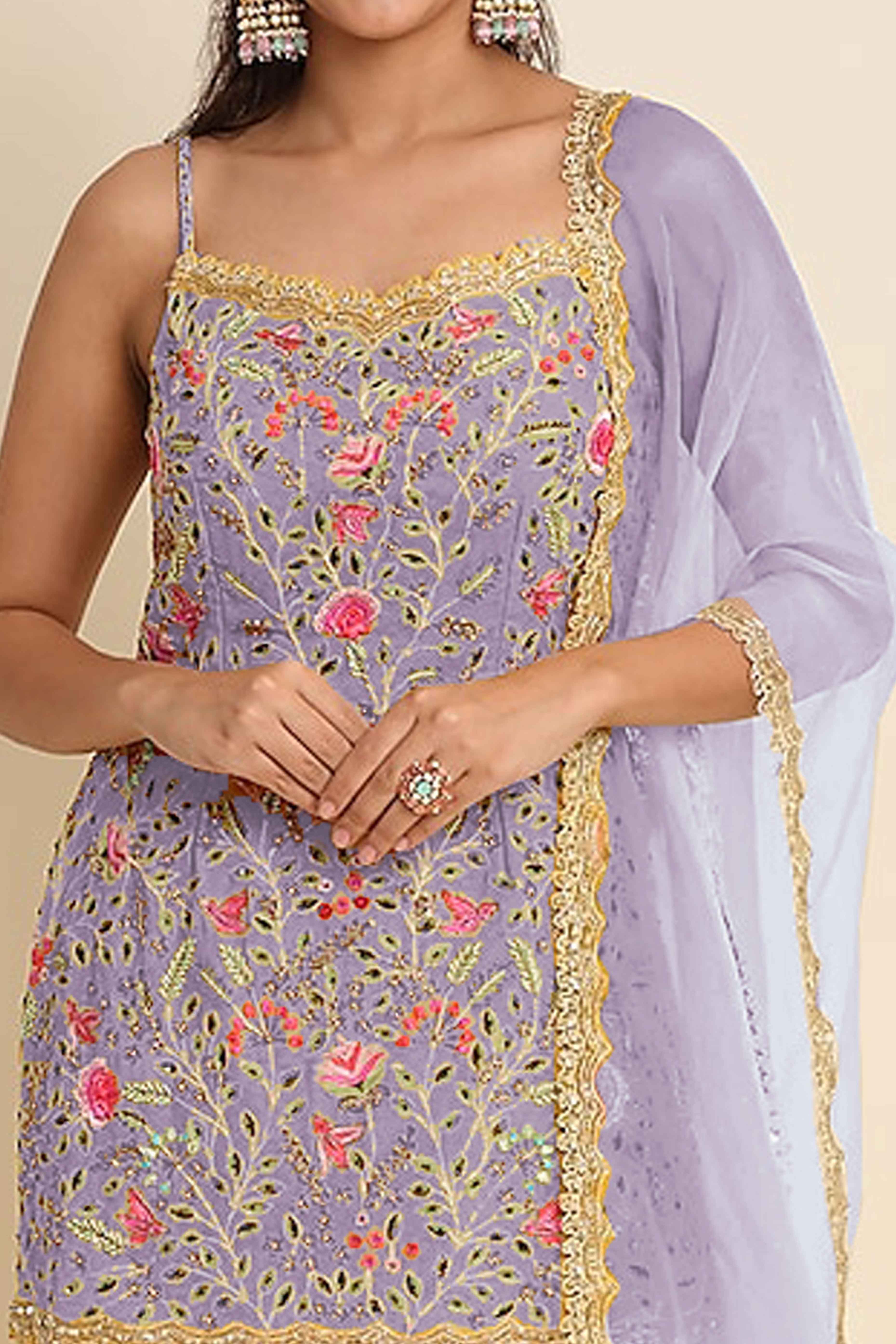 Lavender Floral Sequins Embroidered Georgette Semi Stitched Suit
