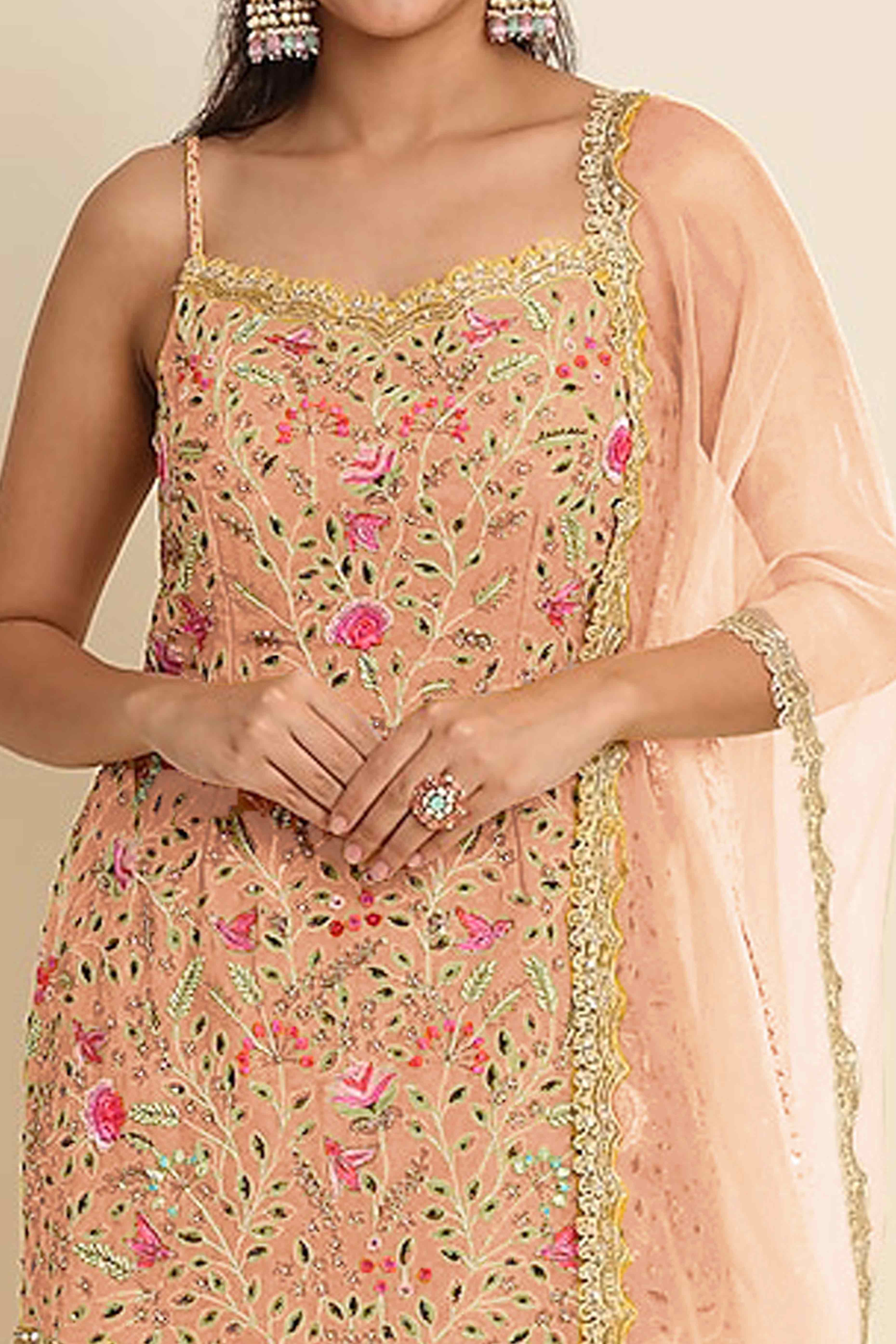 Peach Floral Sequins Embroidered Georgette Semi Stitched Suit