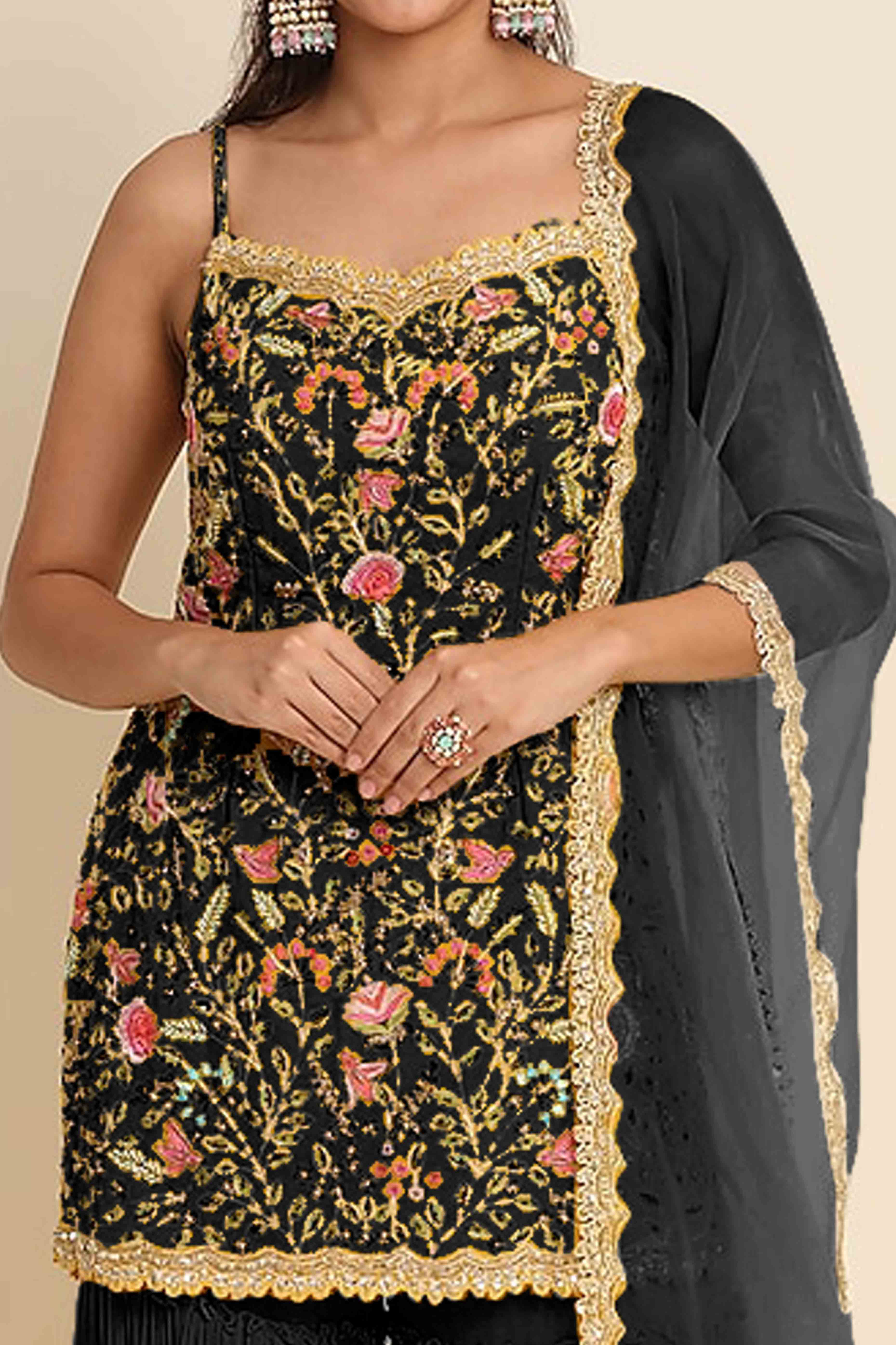 Black Floral Sequins Embroidered Georgette Semi Stitched Suit