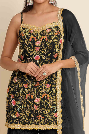 Black Floral Sequins Embroidered Georgette Semi Stitched Suit