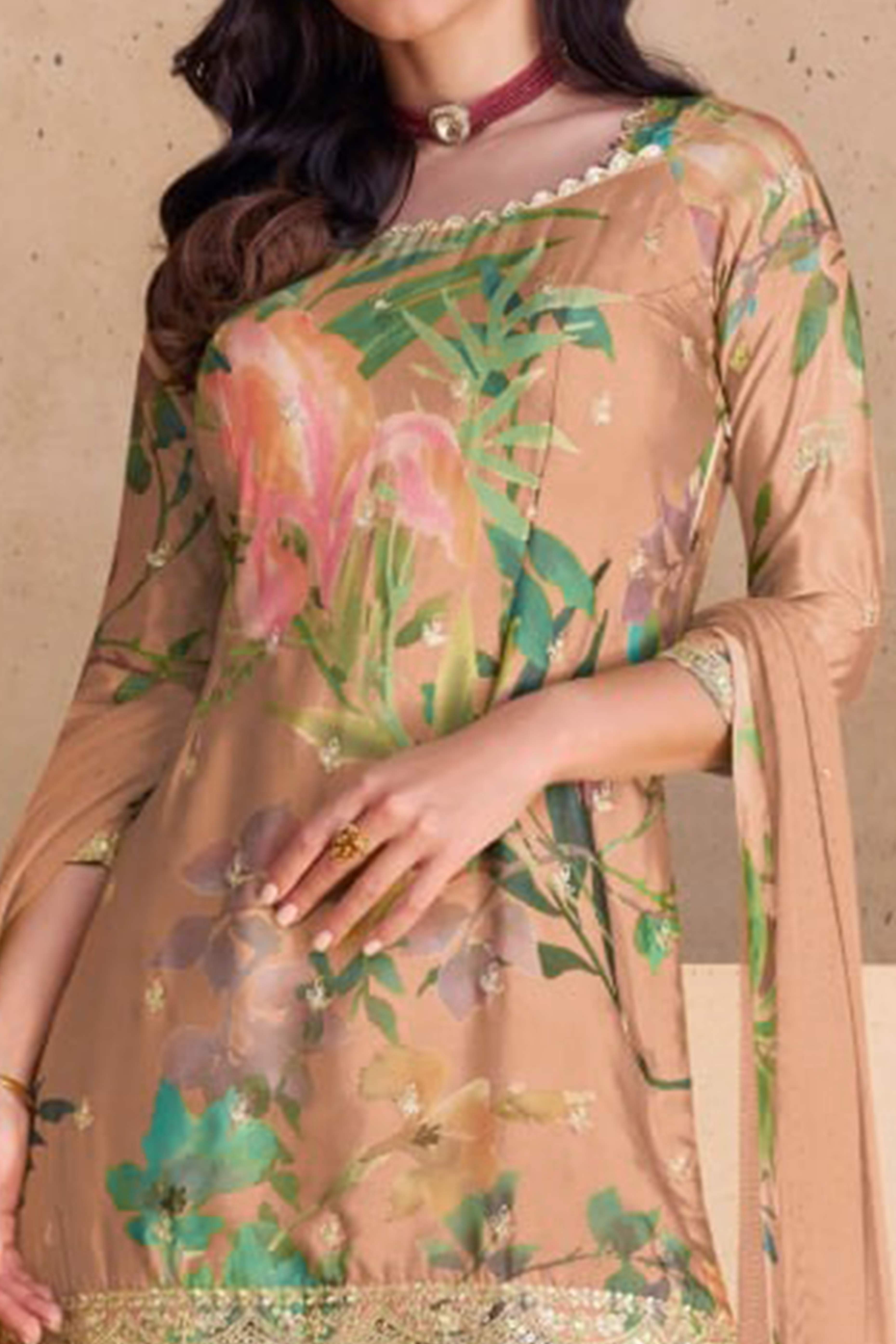 Peach Floral Digital Print With Sequins Embroidered Chinon Palazzo Suit