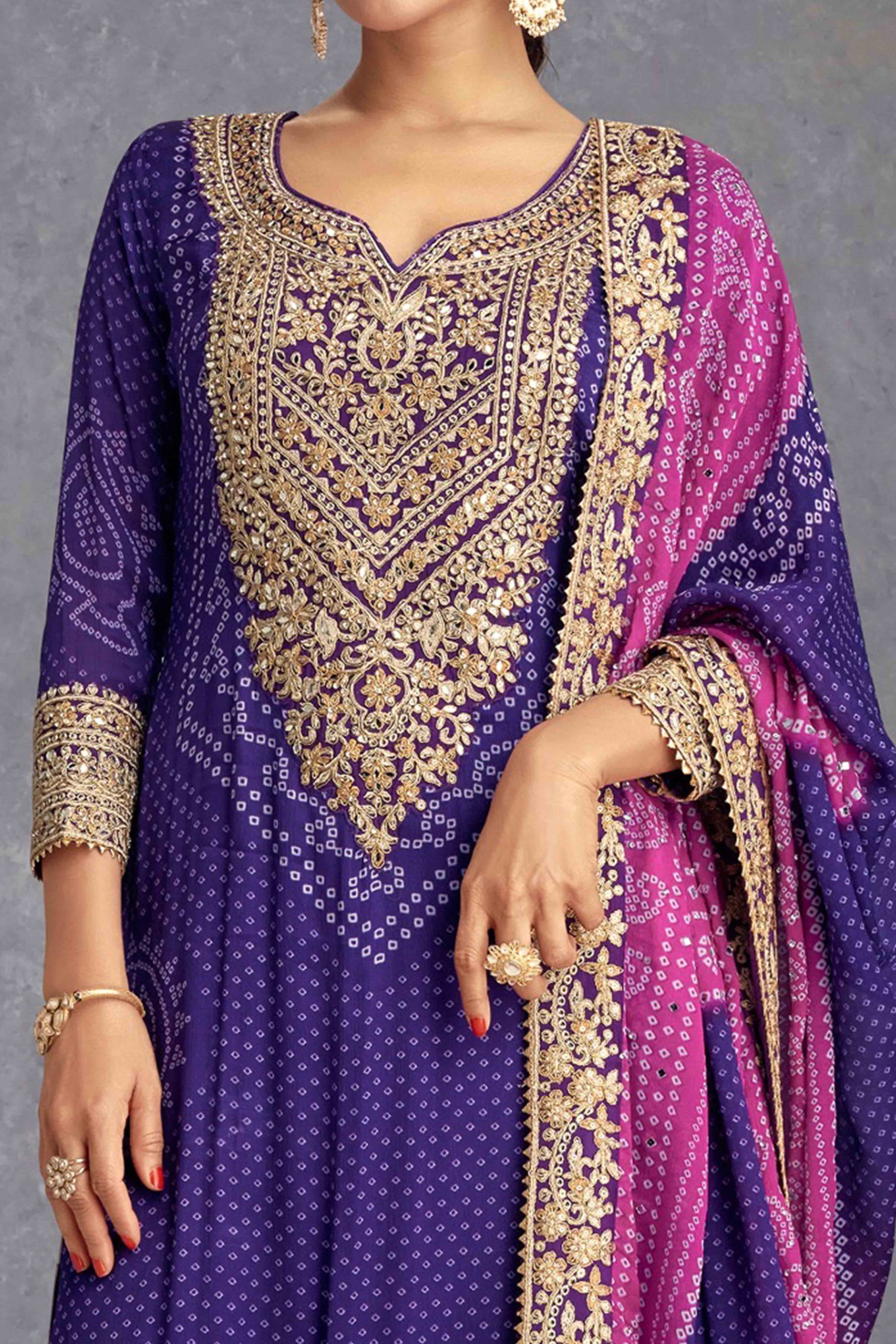 Violet Bandhani Digital Print With Sequins & Mirror Work Chinon Palazzo Suit