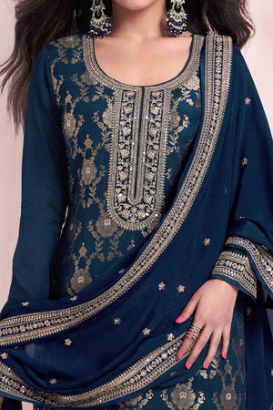 Blue Floral Embroidered Jacquard Viscose Semi Stitched Suit