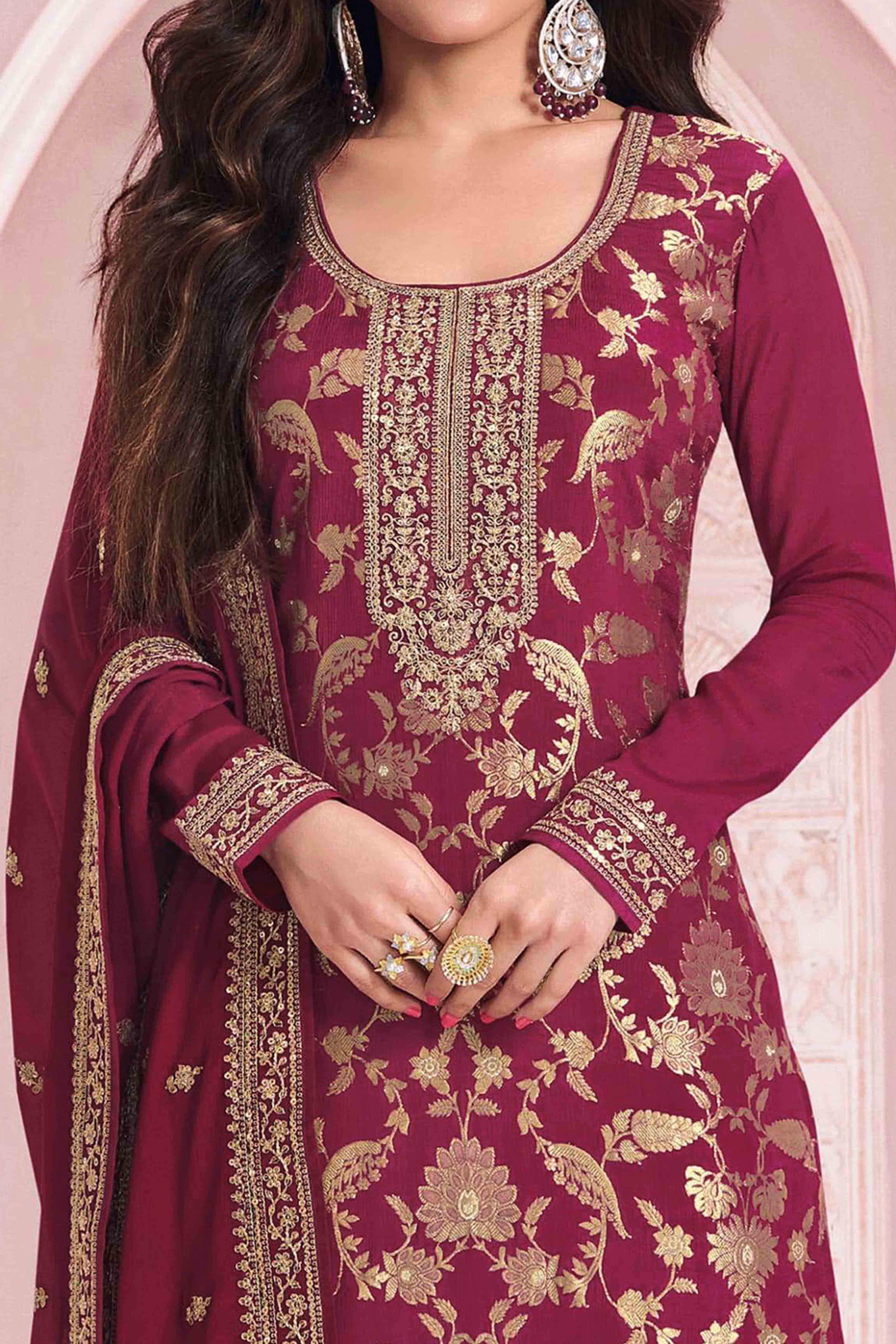 Dark Magenta Floral Embroidered Jacquard Viscose Semi Stitched Suit