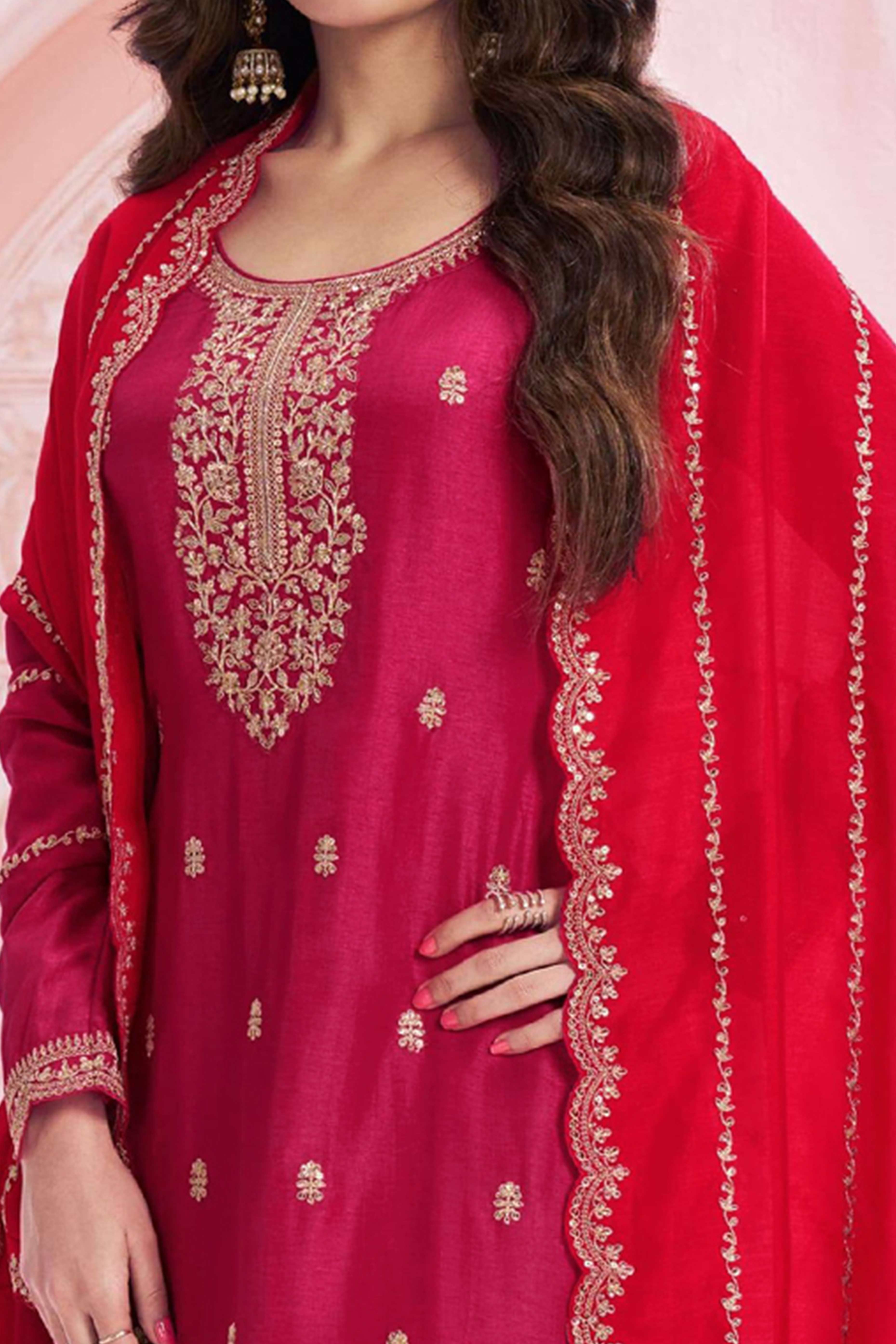 Pink Sequins Embroidered Butti Vichitra Silk Semi Stitched Salwar Suit