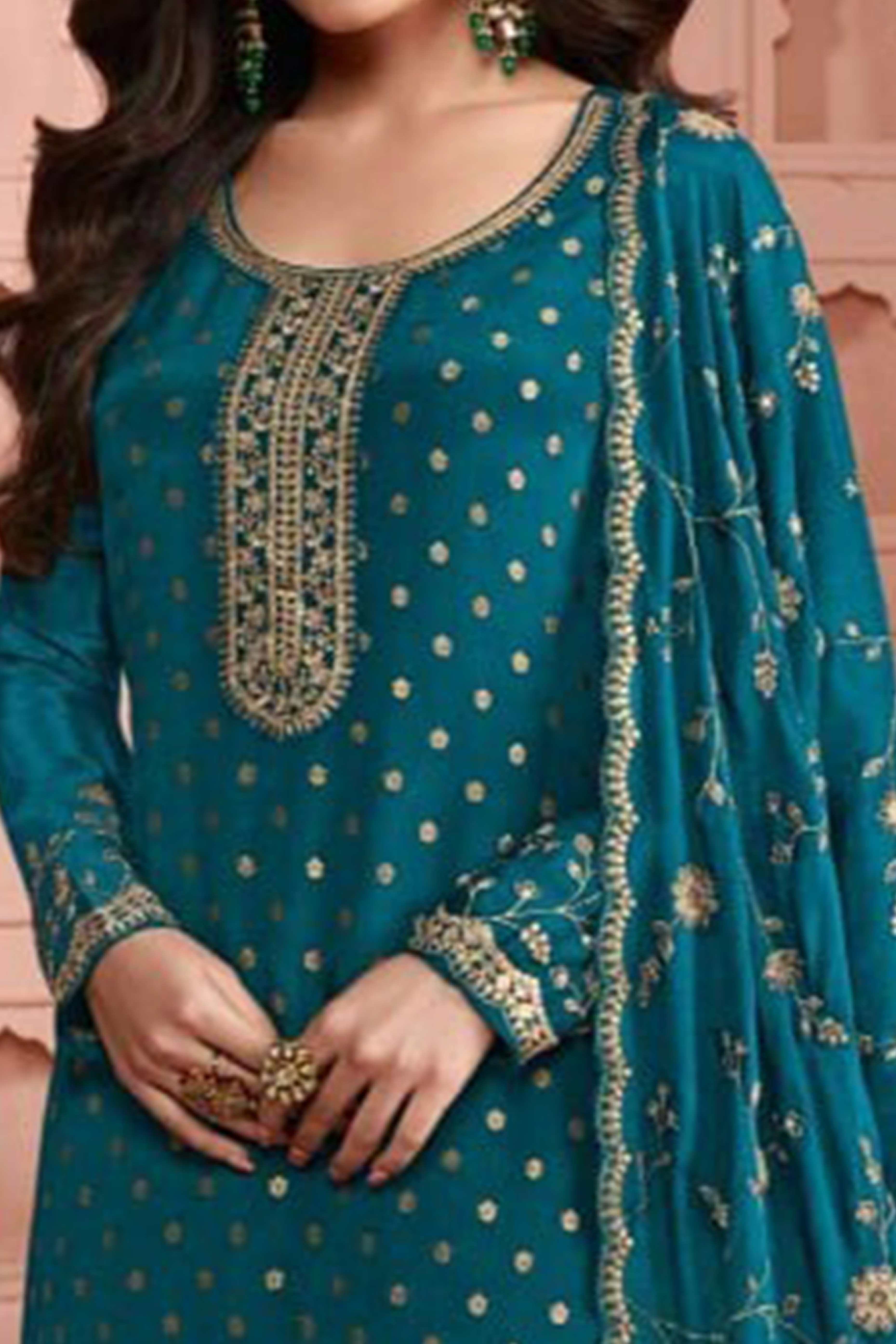 Teal Dola Jacquard Silk Semi Stitched Salwar Suit with Heavy Embroidery