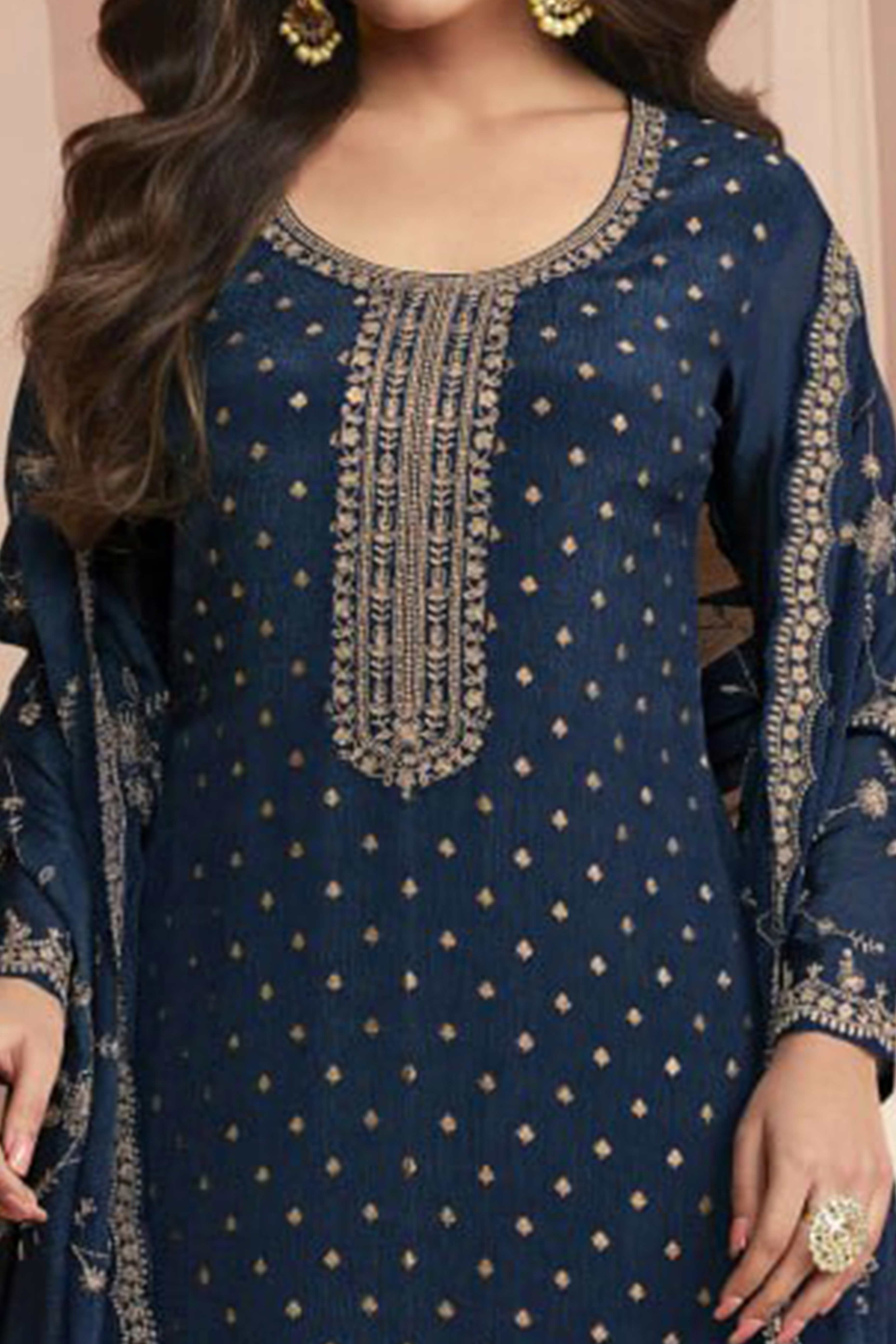 Blue Dola Jacquard Silk Semi Stitched Salwar Suit with Heavy Embroidery