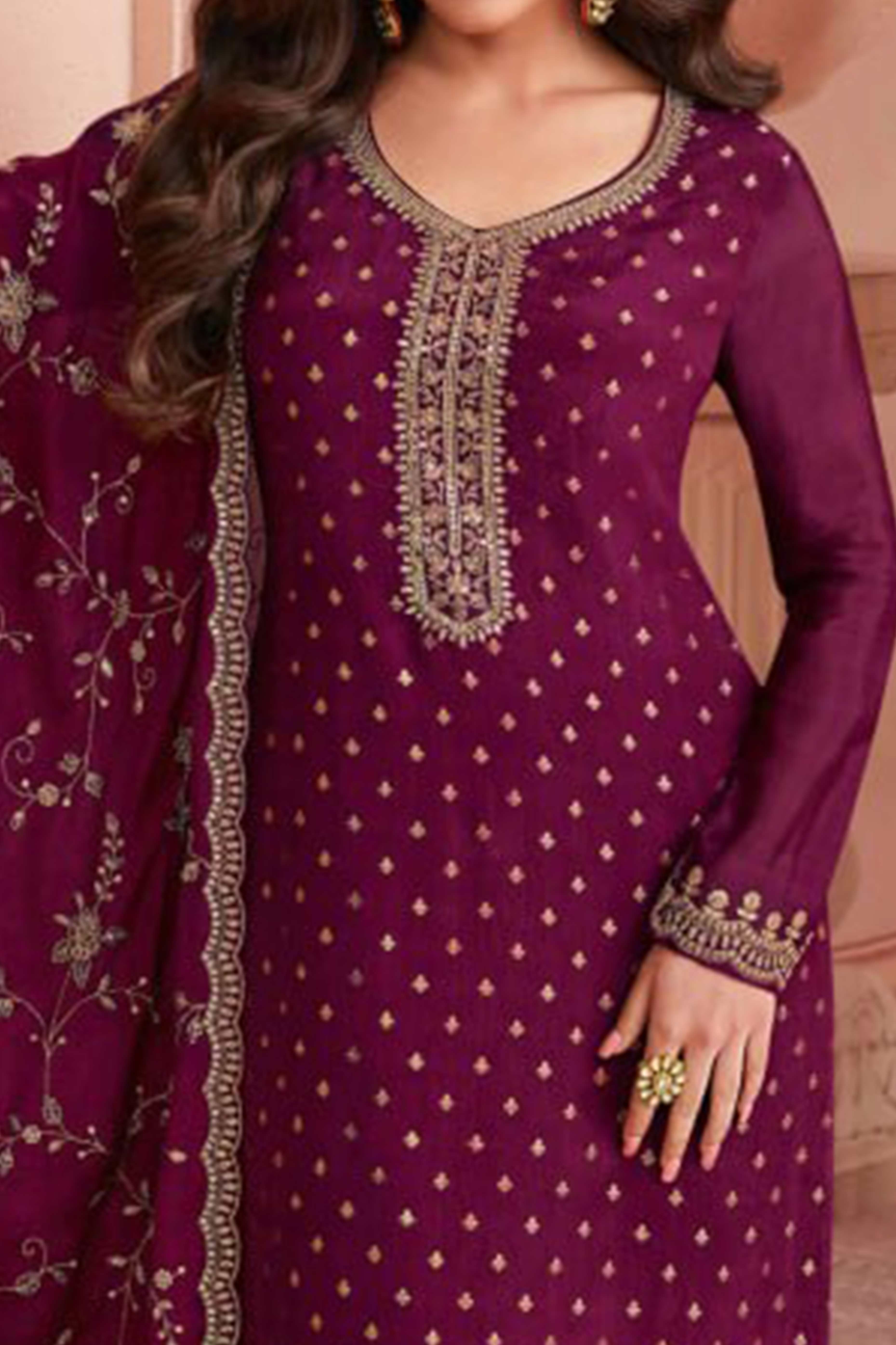 Wine Dola Jacquard Silk Semi Stitched Salwar Suit with Heavy Embroidery