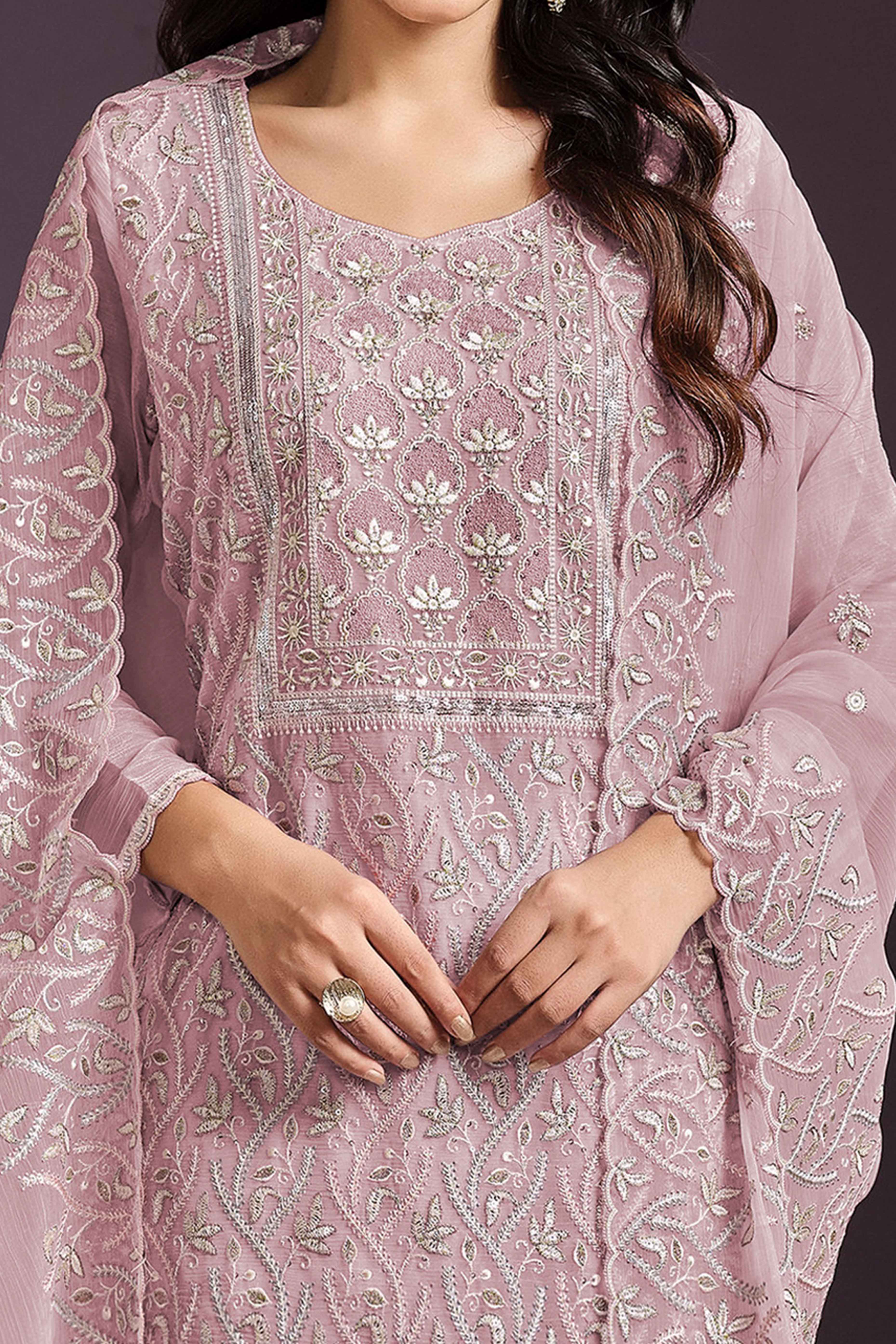 Pink Chinon Silk Semi Stitched Suit With Floral Thread Embroidery & Sequin