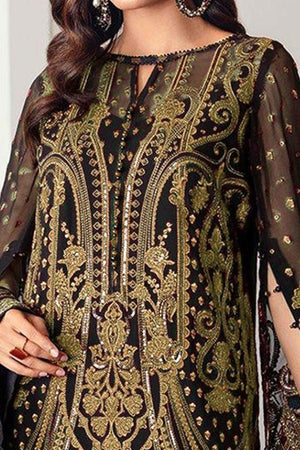 Black Georgette Semi Stitched Suit With Floral Goldern Yellow Embroidery & Zarkan Work